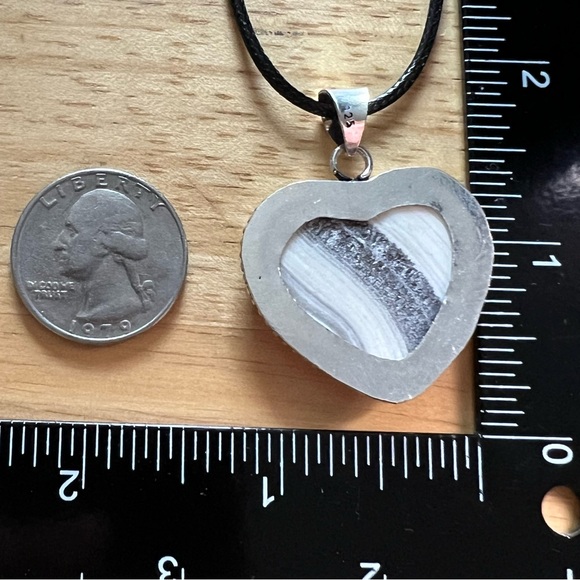 New Zebra Calcite Stone Heart Shaped Silver Overlay Pendant Necklace w Cord - Picture 4 of 5